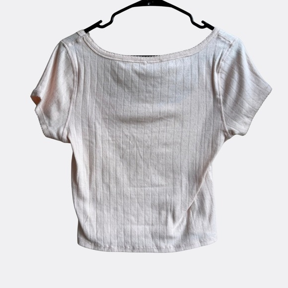 Free People End Game Pointelle Baby Tee Peach Ribbed Cropped NWT Size L - Picture 3 of 5